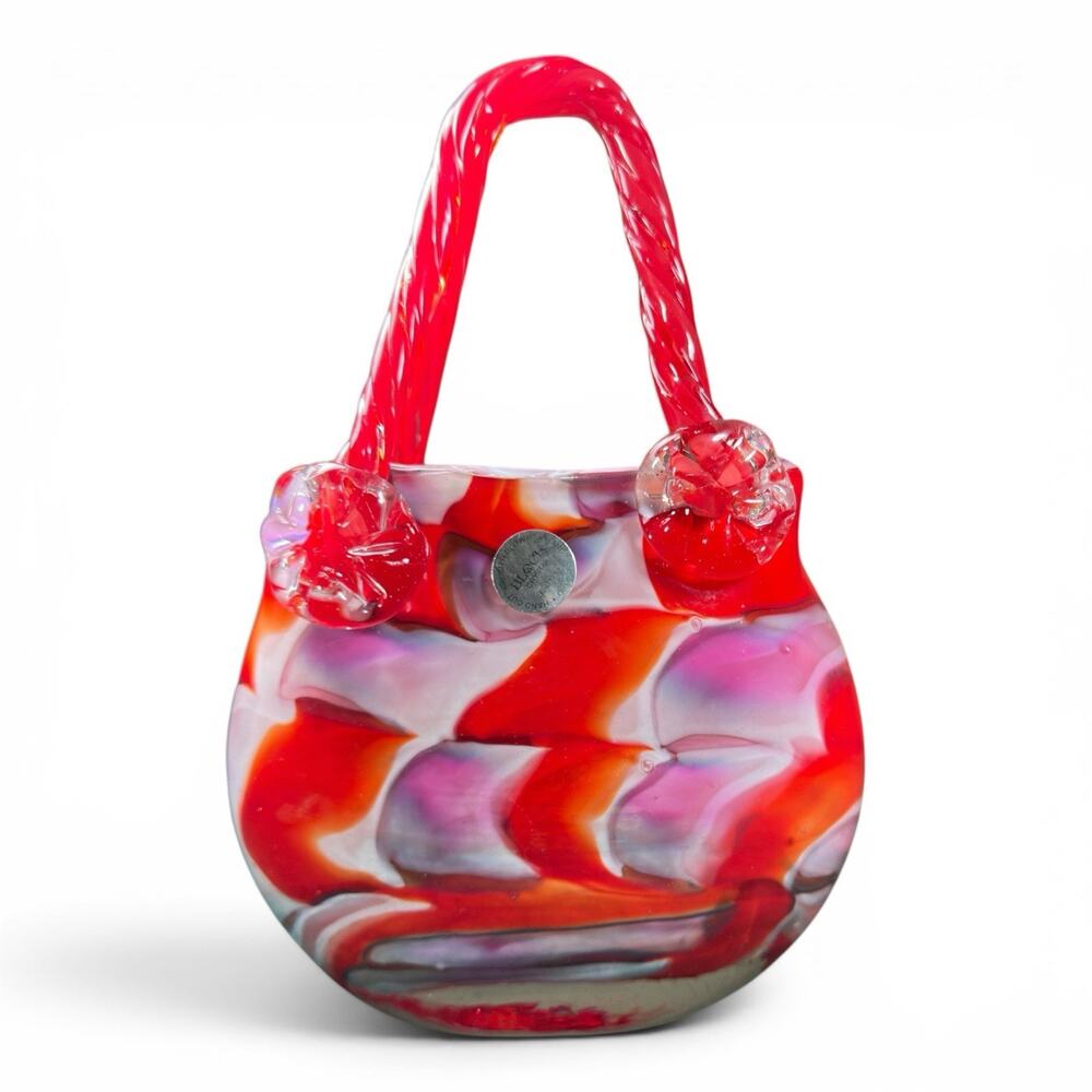 Vintage Murano Style Hand Blown Art Glass Purse Vase Red Pink White MCM 9”